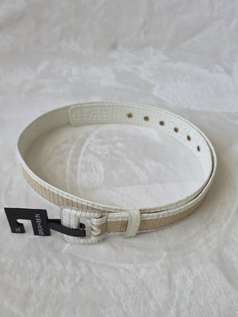 Brahmin Off-White  Woven Belt with Croc-Embossed Trim.